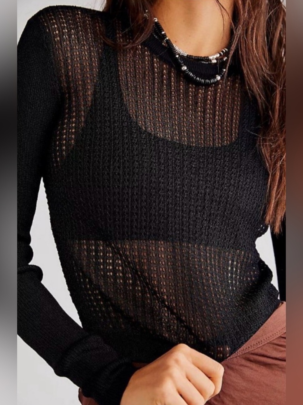 Free People H20 Black Sheer Open-Knit Crew Sweater NWT